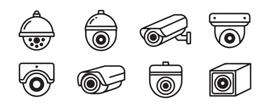 Security camera icon set with various surveillance systems for indoor and outdoor monitoring use.