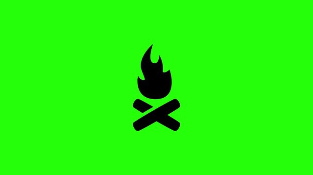 High quality 4K horizontal video containing a traditional outdoor campfire flame burning on crossed wood logs bouncing dynamically. Unique energetic popup graphic for scouting tourism camping wood fue