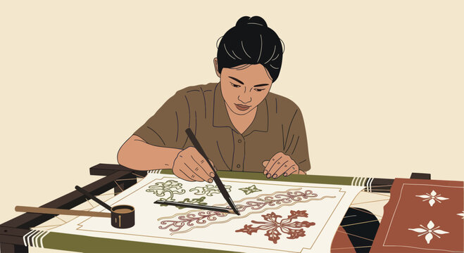Woman artist meticulously creating intricate batik art with brush.