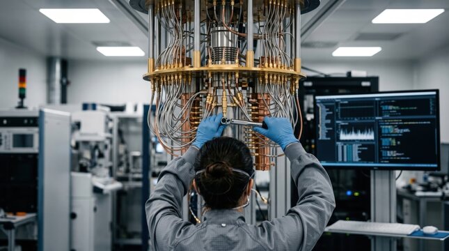 Engineer assembling complex quantum computer hardware with copper wiring in high-tech laboratory, wearing gloves and safety gear, monitoring data on screens