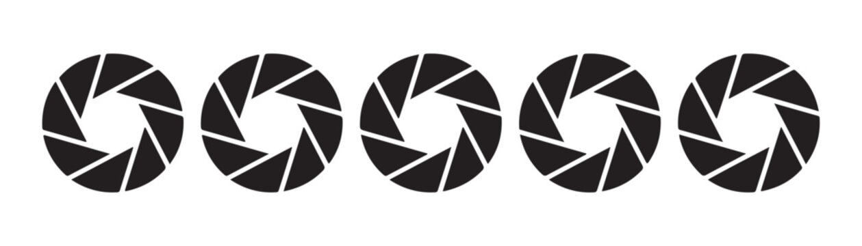 Five black camera aperture icons arranged in a horizontal line on gray.