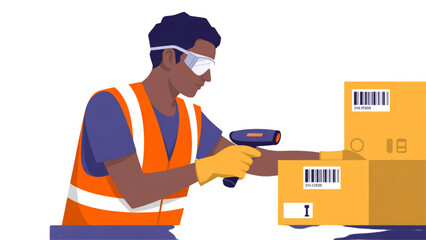 Warehouse worker scanning packages with handheld device in storage facility Vector © MDSOPON