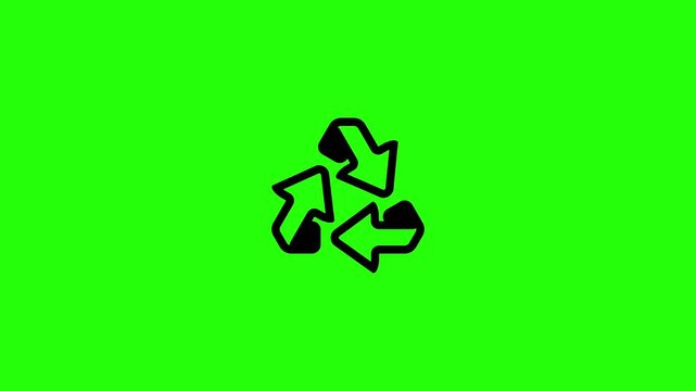 4K horizontal resolution video of a classic triangular recycling loop arrow symbol representing infinite resource circulation bouncing. Playful popup transition element perfect for sustainable product
