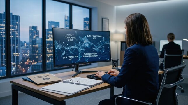 Business professional working on cybersecurity risk assessment and data protection audit, privacy compliance analysis on computer screen, corporate office security management