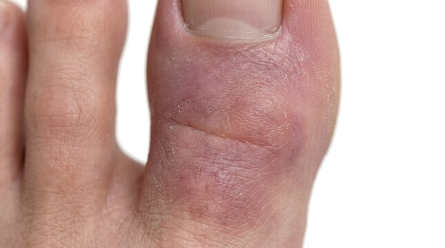 Inflamed big toe with gout symptoms and red swelling, painful joint inflammation on human foot with skin irritation Medical condition of podagra and arthritis on toe joint  Close up of swollen