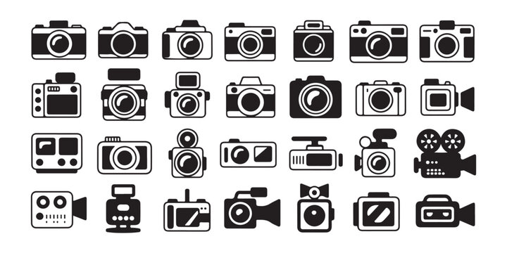 Professional digital camera and video production equipment icons for photography studios designs.
