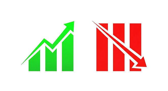 Green bar graph showing upward trend red bar graph showing downward trend chart