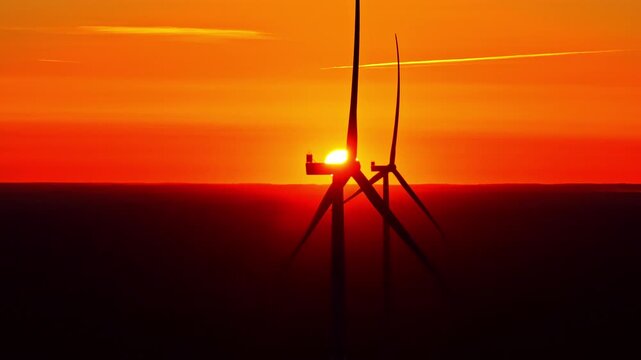 Wind Turbines In Silhouette Rotating Against Vibrant Sunset Sky. wide drone shot