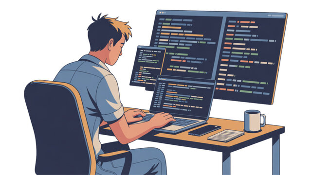 Man coding on laptop with multiple monitors displaying programming code Vector