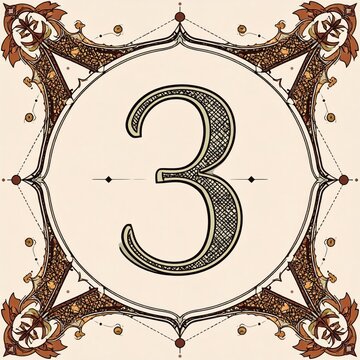 Stylized "3" within ornate frame, intricate design with earth tones and cream background