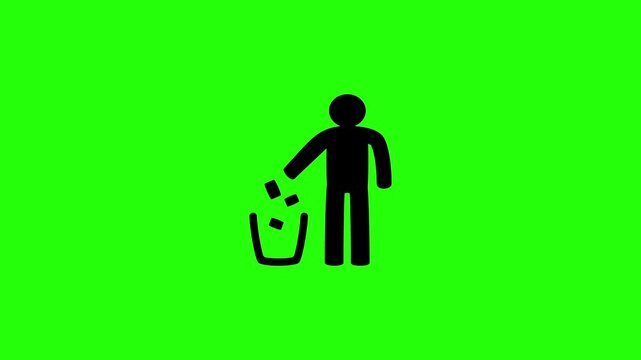 High quality 4K horizontal video containing a public human citizenship avatar silhouette dropping garbage down a trash can bouncing dynamically. Unique energetic popup graphic for city sanitation rule