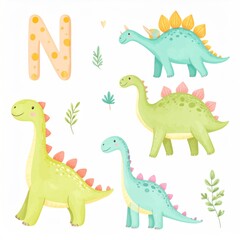 Fototapeta premium Watercolor illustration of smiling dinosaurs, plants, & a spotted letter 