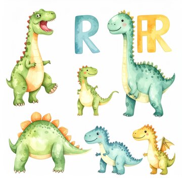 Watercolor illustration of adorable dinosaurs in varying poses with "R" letters