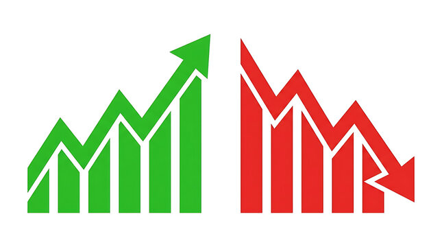 Two bar graphs one green upward trend one red downward trend chart