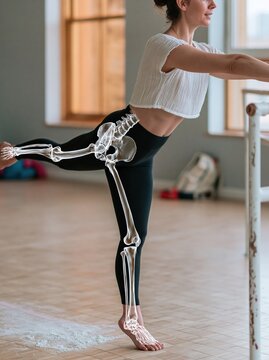 Young woman dancing at a barre with a visible translucent skeleton layer for medical education, anatomy posters and physical therapy campaigns in a bright