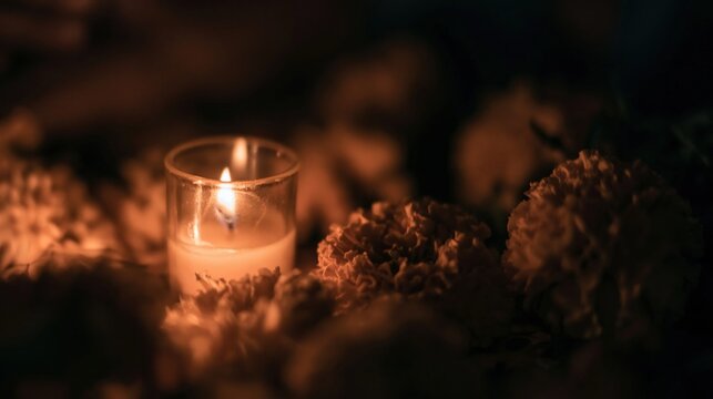 Marigold flowers and a candle flame glowing in the dark for Day of the Dead, traditional altar decoration and memorial service backdrop with copy space