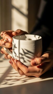 Hands holding a warm mug of coffee in the morning sun.