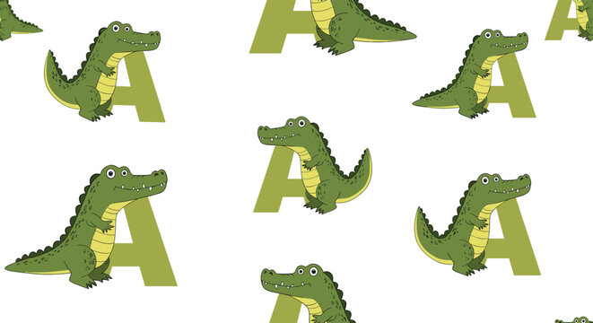 Educational seamless pattern featuring friendly green cartoon crocodiles standing next to a large green letter a for alphabet learning.