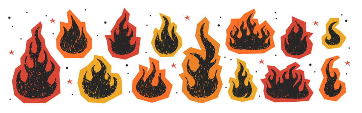 Crayon fire. Y2K vintage simple icons. Pencil grunge texture with burning fire flame. Collection of cutout paper collage stickers. Vector illustration in scrapbook style.