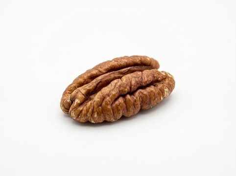 Close-Up of a Single Pec pecan Nut on a White Background Ideal for Food and Recipe Use