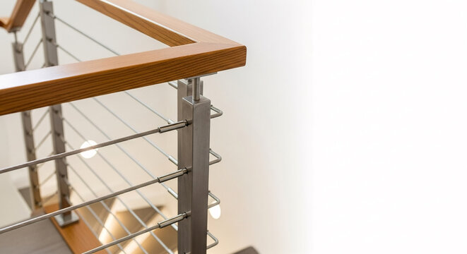 Contemporary interior staircase with wooden handrail and metal cable balustrade.