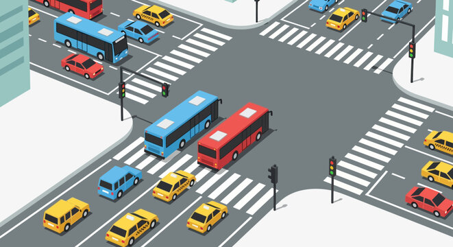 Isometric city intersection with buses and cars, transportation concept
