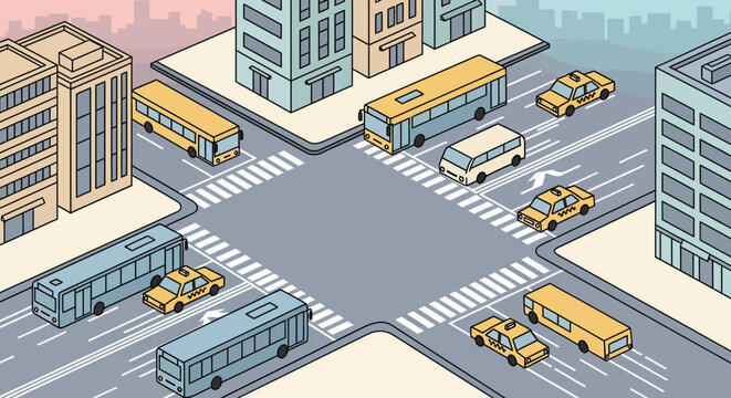 Isometric city intersection illustration with vehicles and urban buildings.