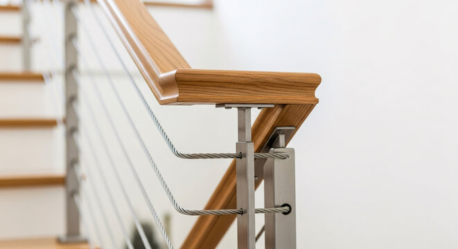 Modern Wooden Handrail with Stainless Steel Cable Railing in Contemporary Interior