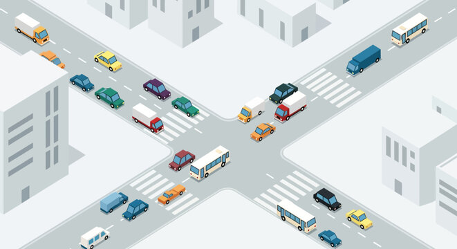 Isometric city intersection with cars and buildings - transportation concept.