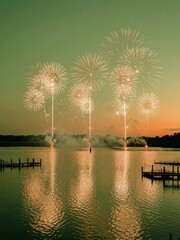 Obraz premium Golden fireworks exploding over a quiet lake with reflections for summer event promotion, holiday celebration background and waterfront tourism advertising