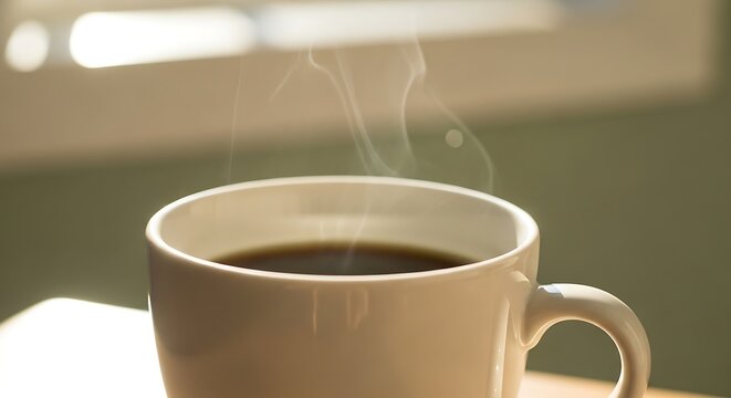 Steaming coffee cup close up with selective focus and bright window light