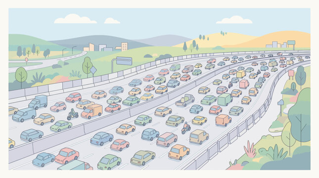 Congested highway with many cars and trucks, illustration style, urban landscape