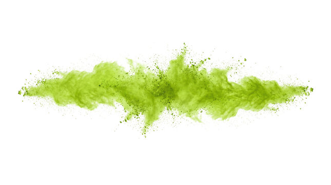 Horizontal green powder dust explosion trail, isolated on transparent background