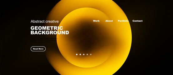 Naklejka premium Modern website design features abstract yellow geometric shapes. Text highlights geometric background, with navigation options visible. Simple, clean aesthetic.