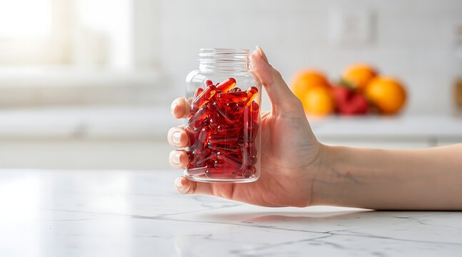 Hand holding a clear jar filled with red chili peppers on a kitchen counter.
