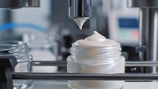 Close-up cream filling glass jars on automated line in cosmetic factory, highlighting precise dosing, skincare packaging, clean manufacturing, beauty production, and hygienic industrial processing.