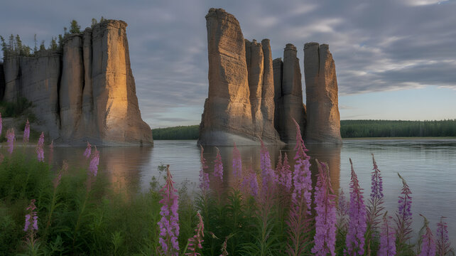 Lena Pillars National Park: Untamed Wilderness and Monumental Cliffs. A wallpaper with purple flowers.