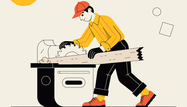 Illustration of a carpenter sawing wood on a table saw in a workshop with carpenter woodworking carpentry workshop craftsman construction industrial professional manufacturing machinery
