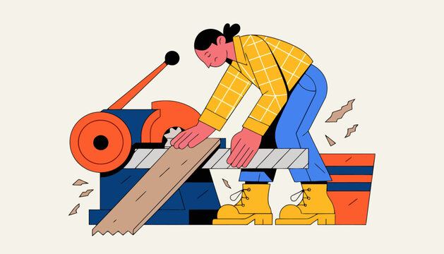 Illustration of a worker operating industrial machinery cutting lumber with machinery carpentry industry industrial manufacturing carpenter professional workshop construction craftsman