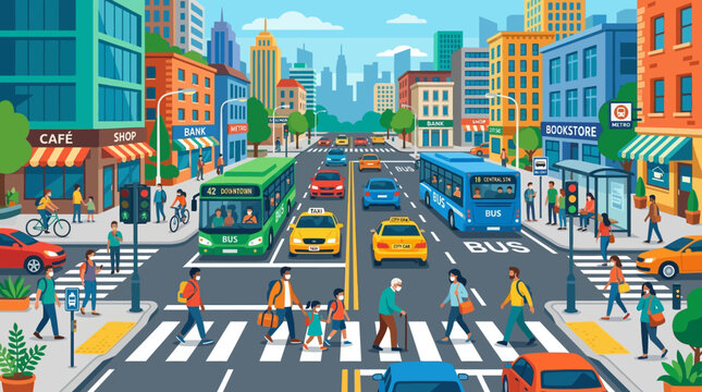Vibrant city street scene with busy traffic and pedestrians
