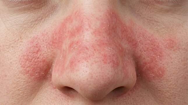Rosacea skin condition with red butterfly rash on nose and cheeks, facial redness and inflammation on female face. Dermatological skin problem showing seborrheic dermatitis or lupus symptoms.