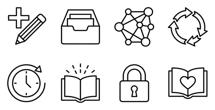 Business office icons set document management network data synchronization clock learning and security vector.