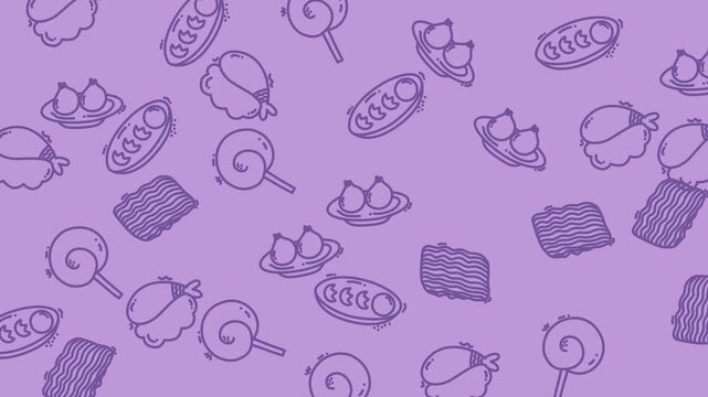 Purple background pattern with simple line drawings of sweets, cakes, candy  perfect for foodthemed designs, menus, packaging, and more.