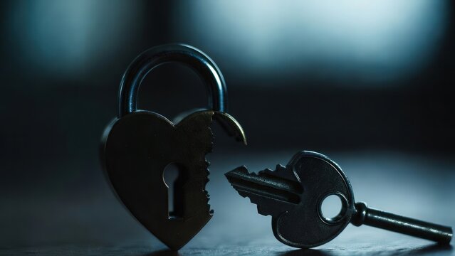 Symbolic macro photograph of a heart-shaped lock with a broken key placed beside it, representing heartbreak, broken trust, emotional pain, relationship failure, and lost love with cinematic lighting.