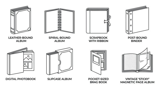 Collection of album and binder types for photos and memories, line art vector illustrations.