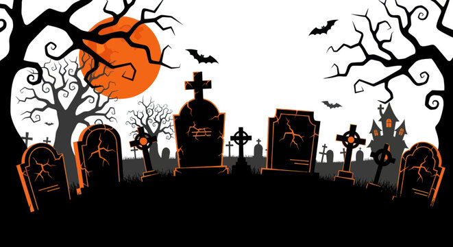 Halloween graveyard with tombstones and trees.