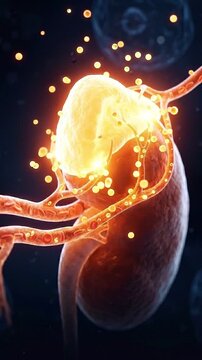 Hormone cortisol adrenal gland kidney release medical anatomy biology science healthcare stress response endocrine organ blood vessel glowing 3d illustration health render detail dark background