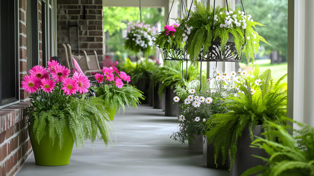 Colorful potted flowers hanging and arranged on modern porch with natural light and greenery