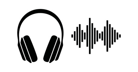 Obraz premium Headphones with an Adjacent Audio Sound Wave, a Black and White Flat Vector Illustration with Minimalist Style and Graphic Design Elements.