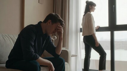 Fototapeta premium Conceptual studio photography illustrating emotional tension, betrayal, secrecy, infidelity, and modern relationship conflict through symbolic human interaction, body language, and minimalist visual s